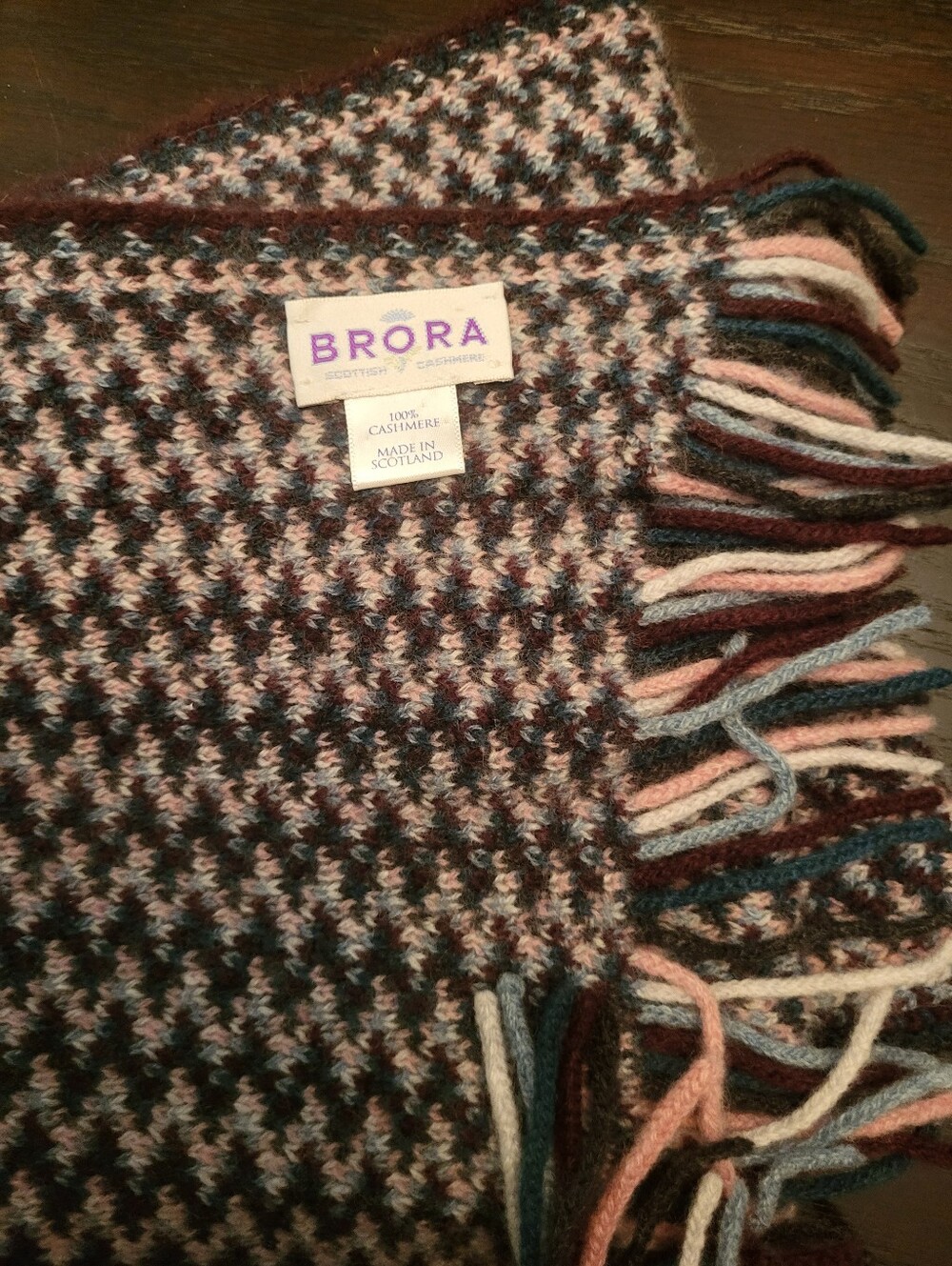 Brora 100% Cashmere Scarf Made In Scotland knit Fringe tassel Soft Houndstooth